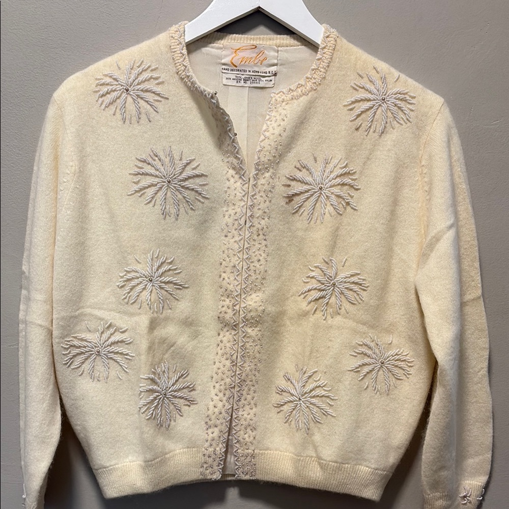 Vintage Lambs Wool Embe Hand Beaded Cardigan Sweater